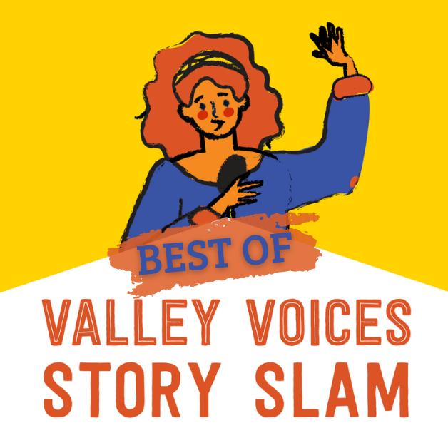 Illustration of a woman with red hair holding a microphone against a yellow background, promoting "Best of Valley Voices Story Slam."