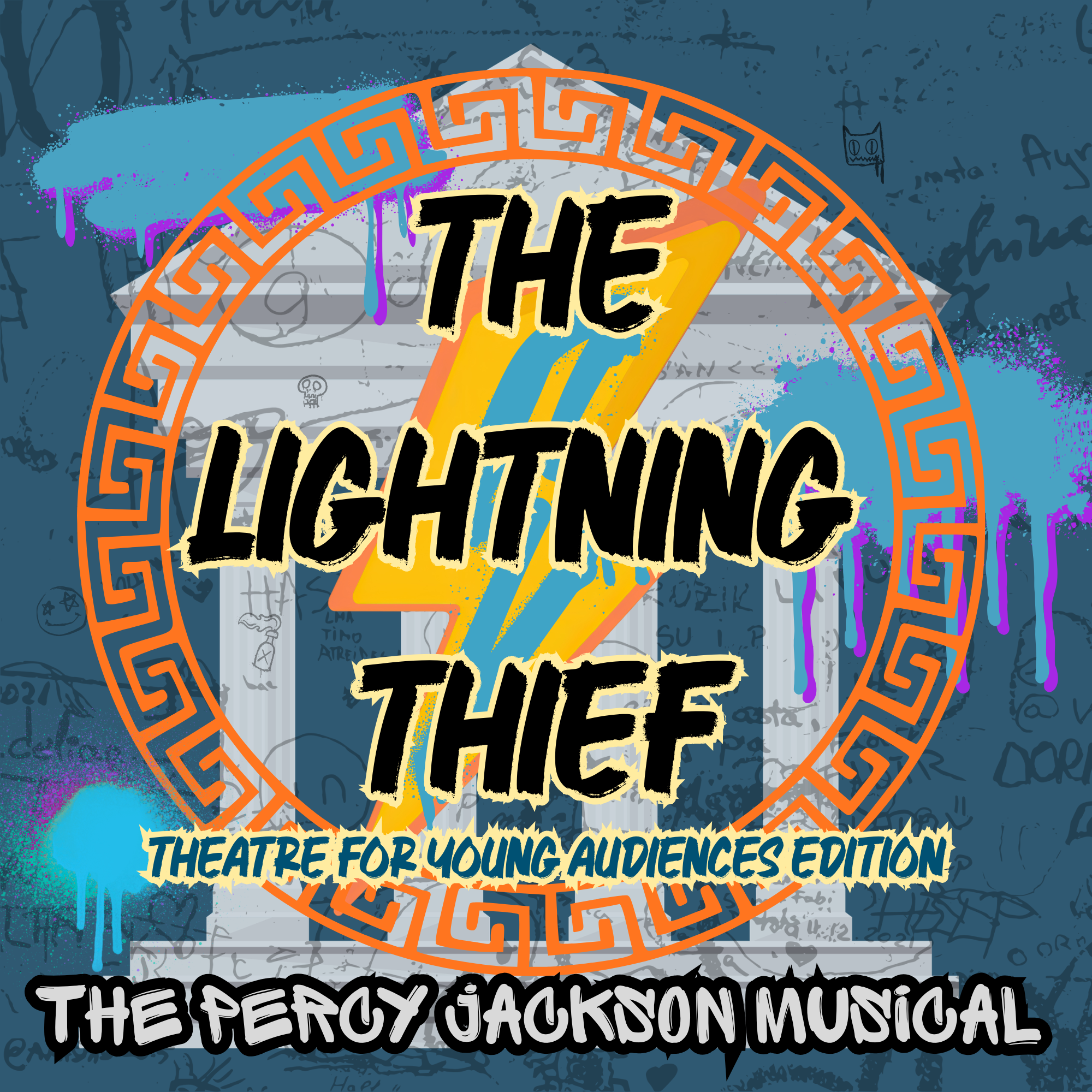 Promotional graphic for "The Lightning Thief: Theatre for Young Audiences Edition" featuring a lightning bolt, colorful background, and stylized text.