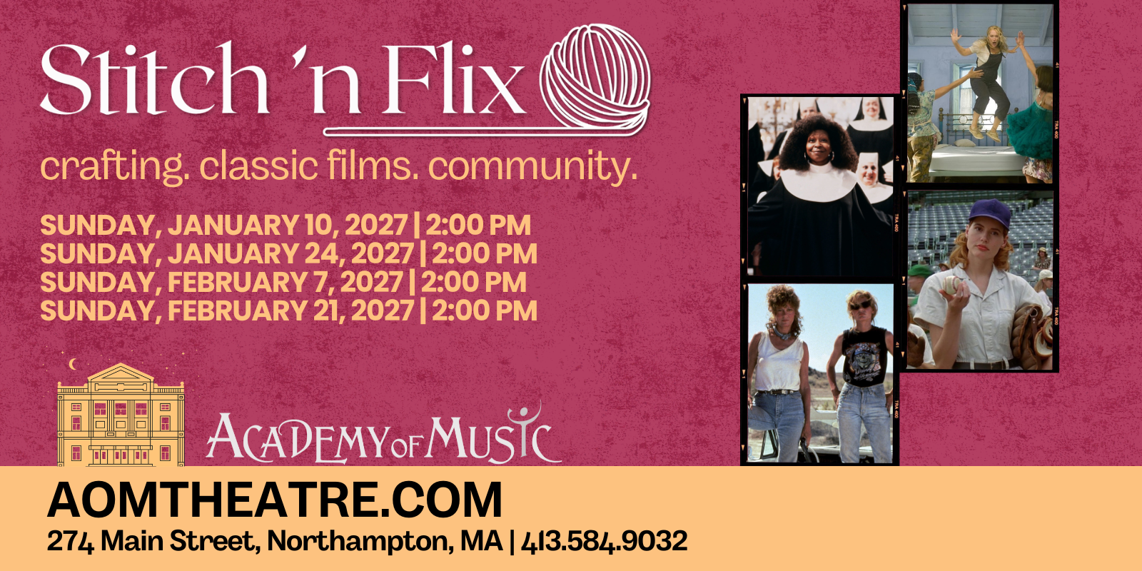 Promotional poster for "Stitch 'n Flix" featuring a rosy-red background, a title with a yarn illustration, event dates and times, and images from classic films.