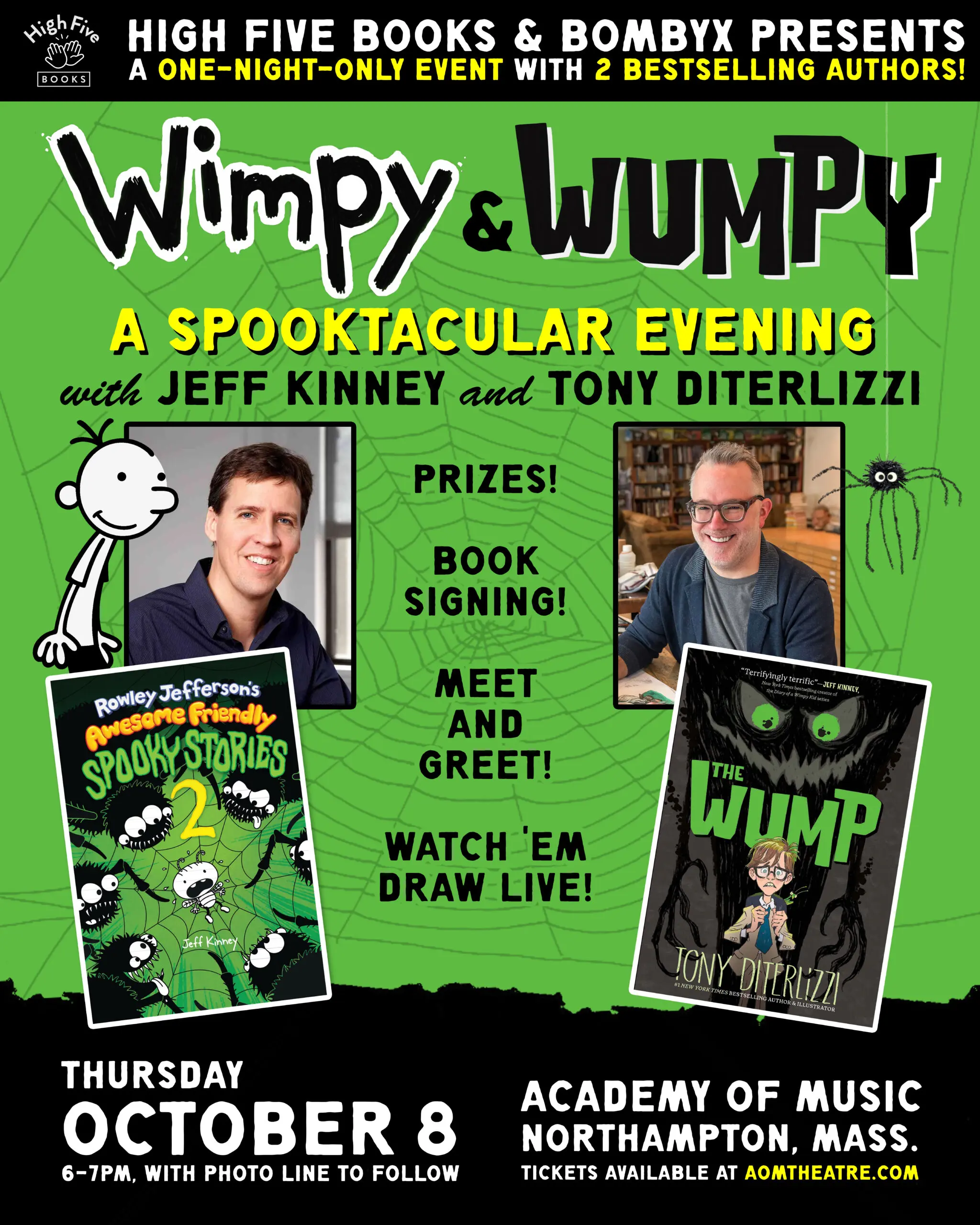Promotional poster for "Wimpy & Wumpy: A Spooktacular Evening" featuring authors Jeff Kinney and Tony DiTerlizzi. Includes event details, book covers, and images of the authors.