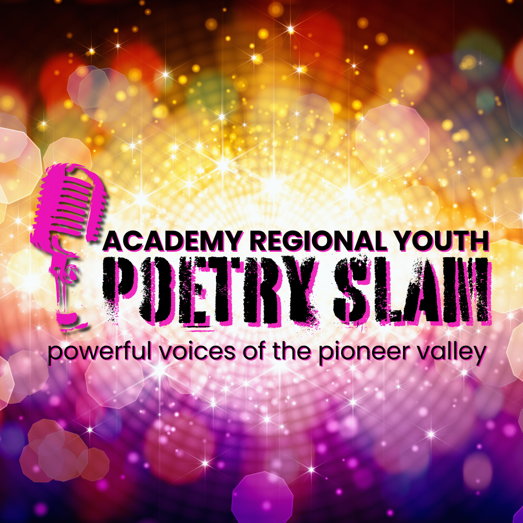 Colorful graphic for the Academy Regional Youth Poetry Slam featuring a pink microphone, bold text, and sparkles in a vibrant background.
