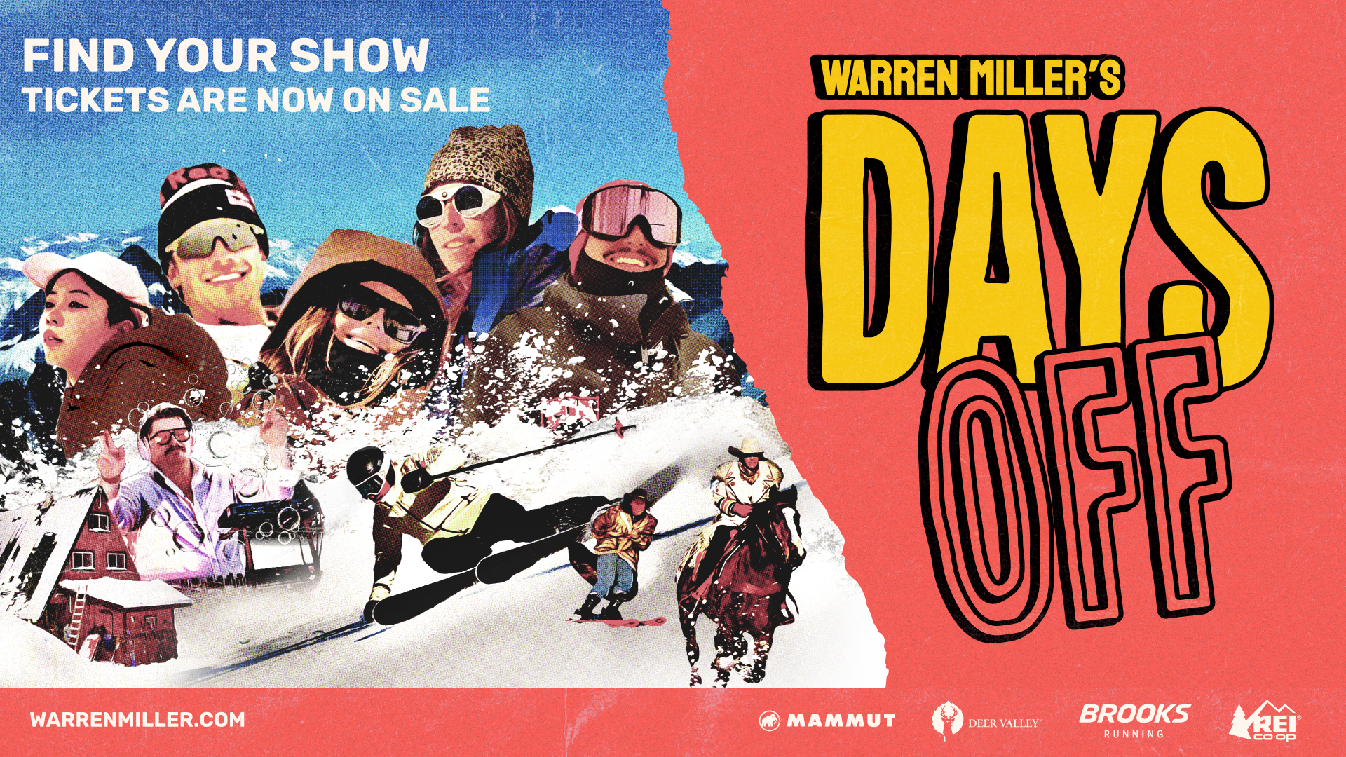 A vibrant poster for "Warren Miller's Days Off," featuring a snowy mountain backdrop, an alpine lodge, and cheerful figures in winter sports gear. The title and sponsor logos are displayed prominently at the bottom.