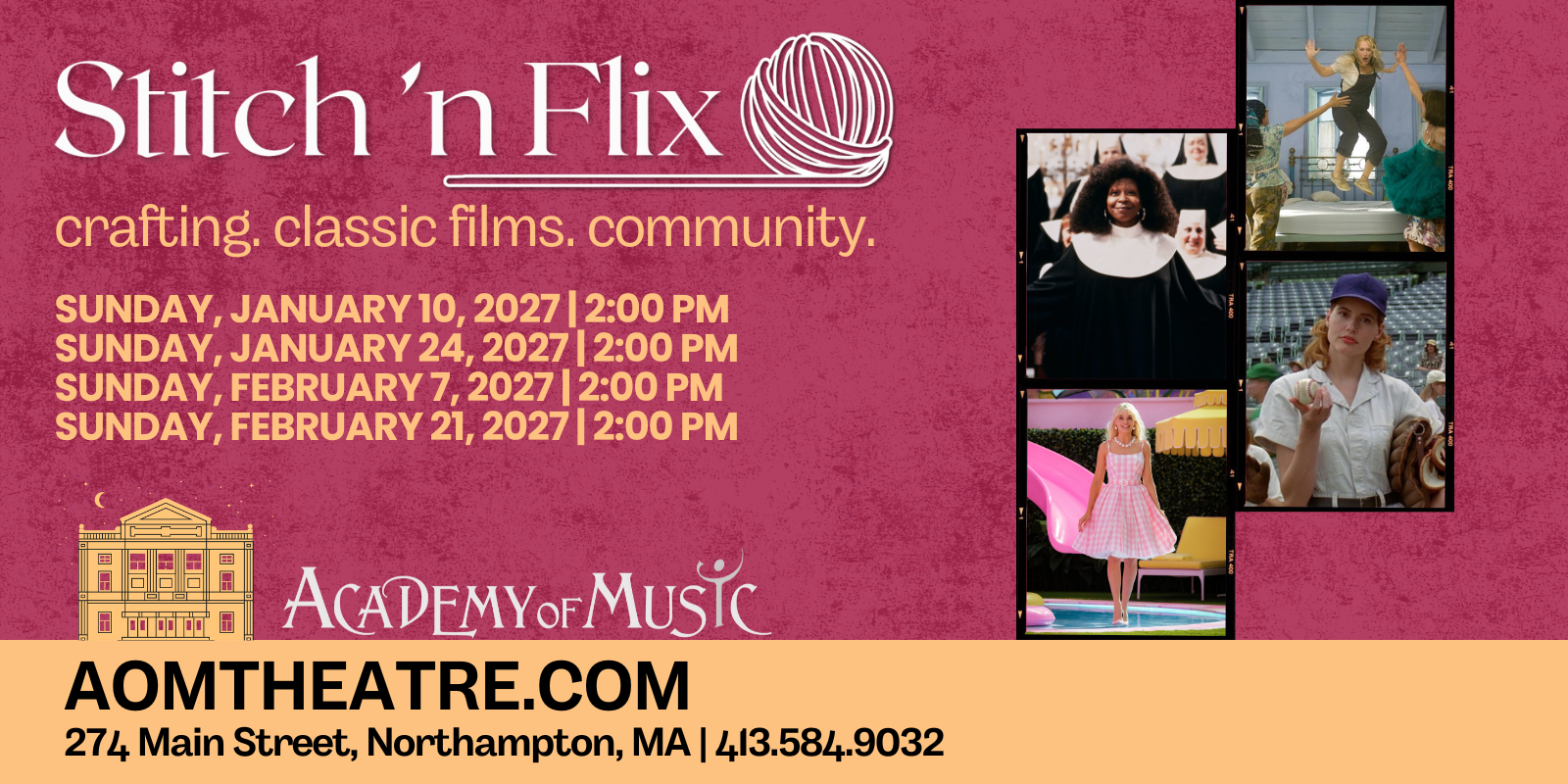 Promotional poster for "Stitch 'n Flix" featuring film scenes, event details, and the Academy of Music illustration.