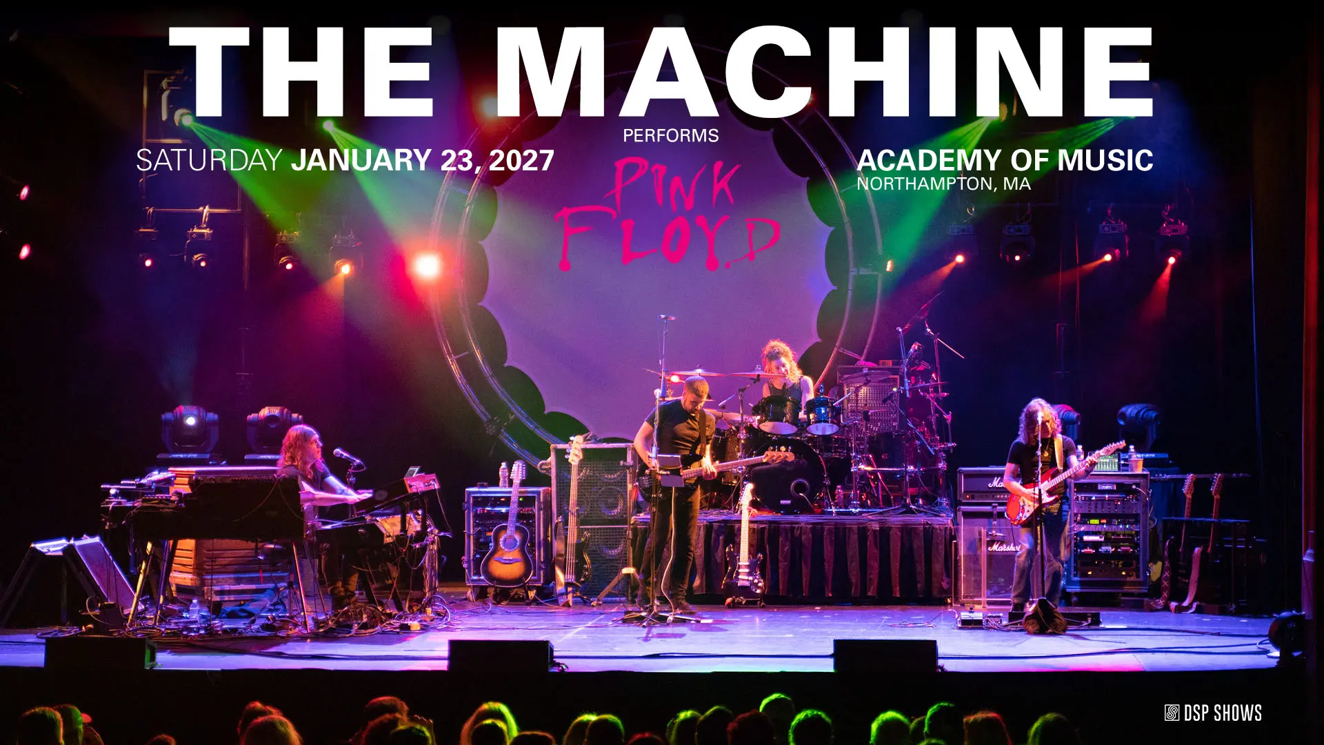 Concert poster for The Machine performing Pink Floyd at the Academy of Music Northampton on Saturday, January 23, 2027, featuring a brightly lit live band.