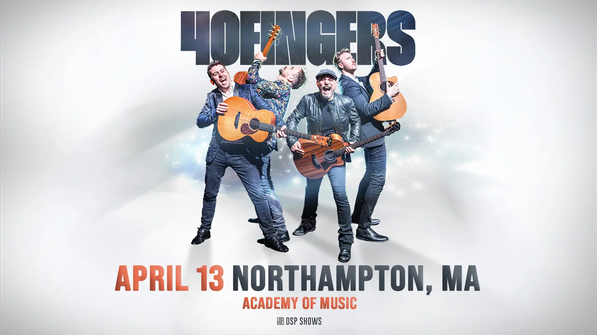 Concert poster for the 40 Fingers performing April 13 at the Academy of Music in Northampton, Massachusetts, showing four musicians with acoustic guitars.
