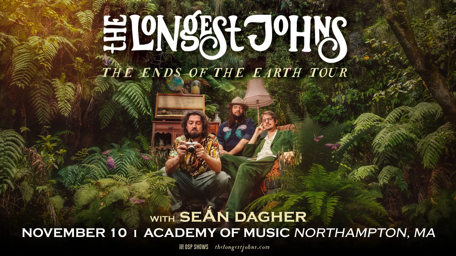 Poster for "The Longest Johns: The Ends of the Earth Tour" with band members seated in a lush, green setting.