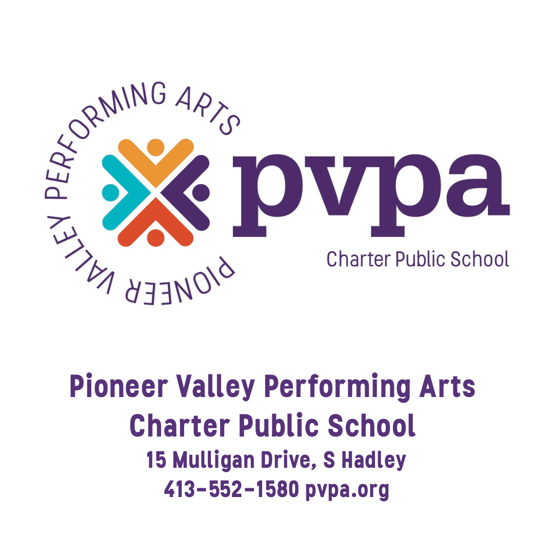 Pioneer Valley Performing Arts Charter Public School logo with school name, address, phone number, and website.