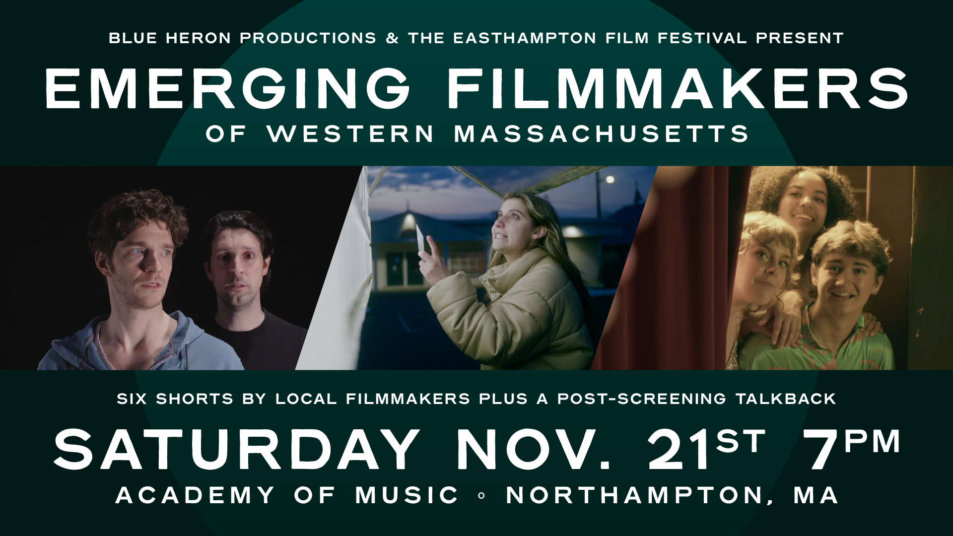 Promotional poster for “Emerging Filmmakers of Western Massachusetts,” featuring three film stills and event details for Saturday, November 21st, at 7 PM.