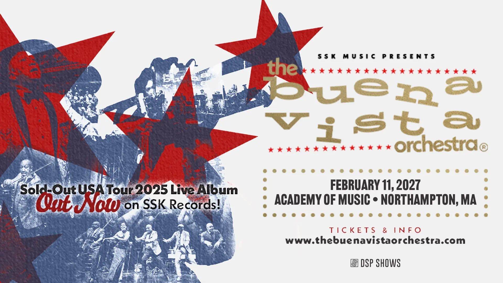 Concert poster for the Buena Vista Orchestra featuring blue-toned performance photographs, red and navy star graphics, and event details for February 11, 2027, at the Academy of Music in Northampton, Massachusetts.