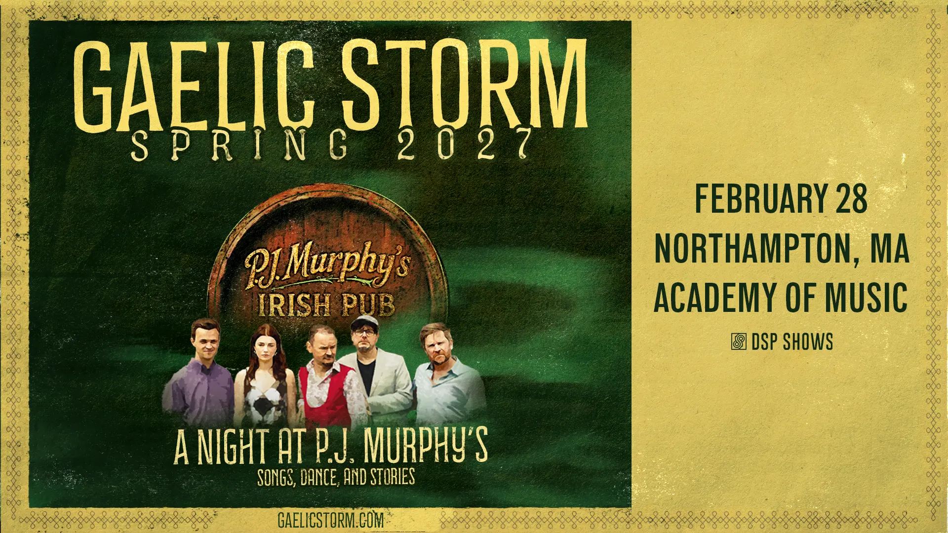 Gaelic Storm concert poster for February 28 at the Academy of Music in Northampton, Massachusetts, featuring five performers and an Irish pub-themed design.
